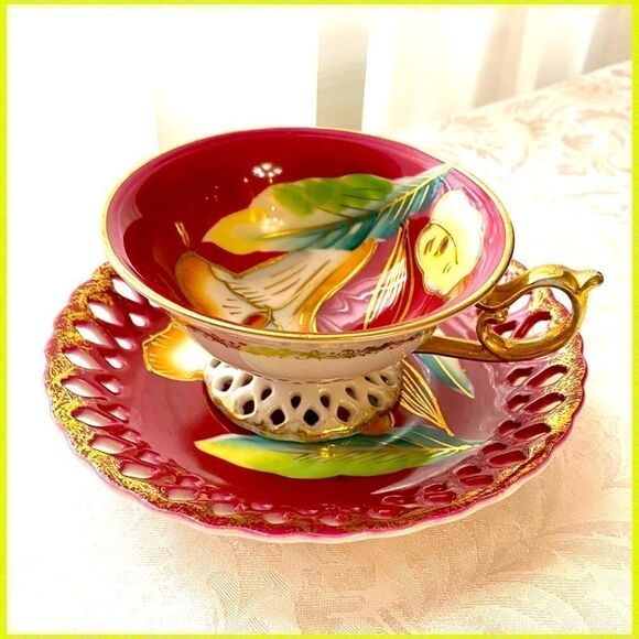 Antique Saji Double reticulated Japanese cup and saucer vivid floral fine China - Picture 1 of 10